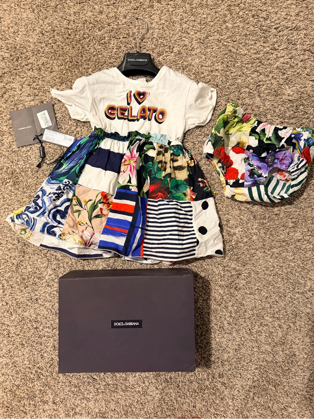 Dolce & Gabbana White Tee with Multicolor Patchwork Skirt and Floral Bloomers